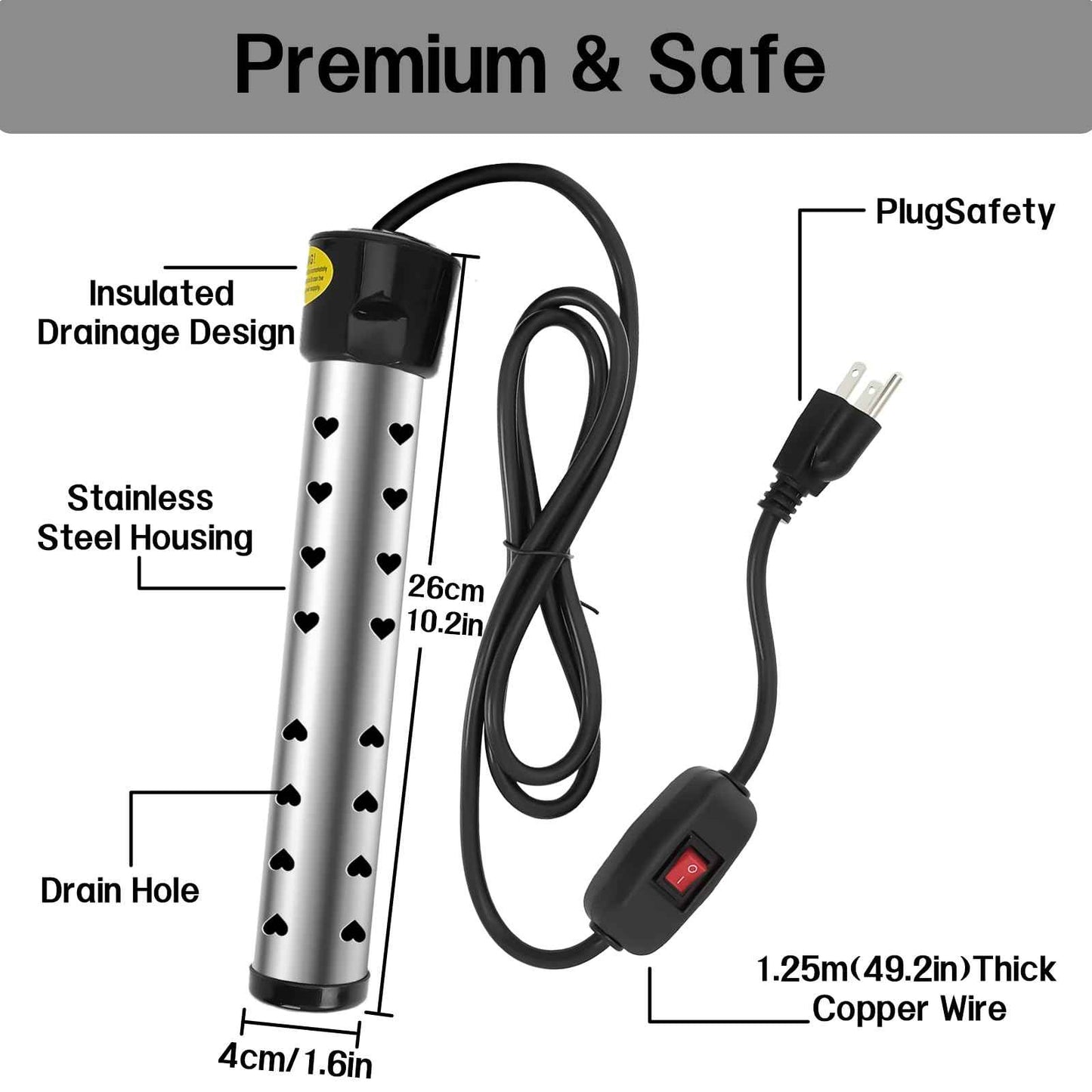 immersion Water Heater with Intelligent Temperature Control, Stainless Steel Mini Pool & Bucket Heater - Heats 5 Gallons in Minutes, Ideal for Home, Camping, and Outdoor Use