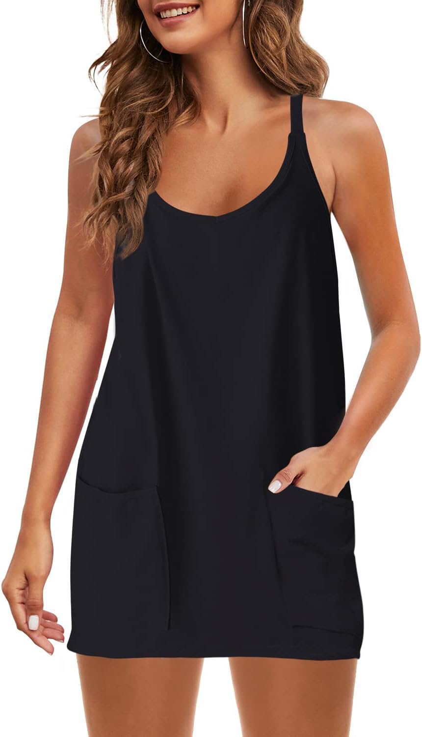Panadila Women's Summer Mini Dress - Sleeveless V-Neck Spaghetti Strap Sundress with Pockets