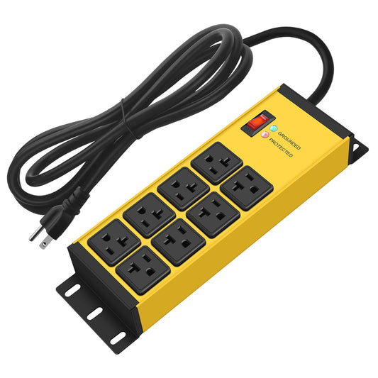 CCCEI Yellow Heavy Duty Power Strip Surge Protector 20 AMP, 8 Outlets 12 Gauge Industrial Shop Garage Metal Multiple Outlets, 25 FT Extension Cord 5-15P Adapter High Amp 6-20R T-Slot 20a for Appliance