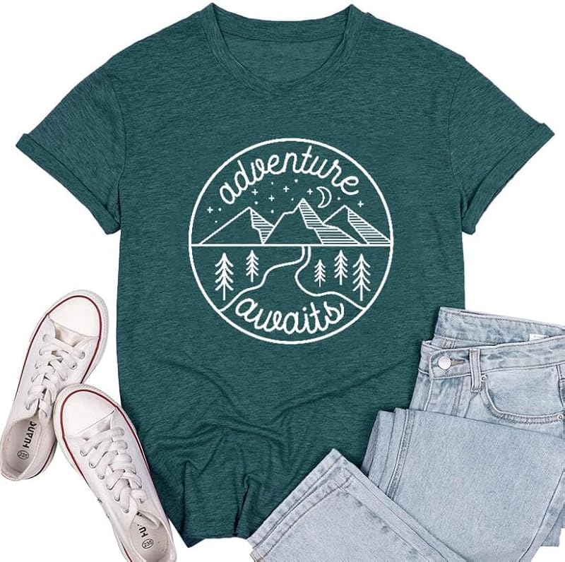 Women Mountain Hiking T-Shirt - Adventure Begins Camping Tee, Small / Green1