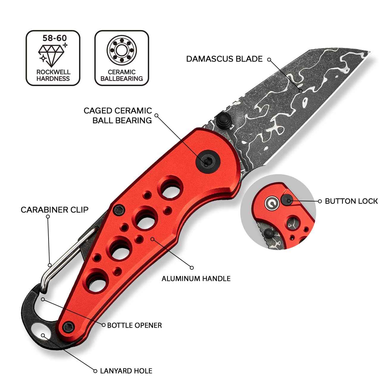 CIVIVI Pragma Folding Knife, Pocket Knife Multitool with EDC Carabiner, Bottle Opener, 2.2" Damascus Blade Aluminum Handle, Ideal Gift for Men Women C23062B-DS1 (Red)