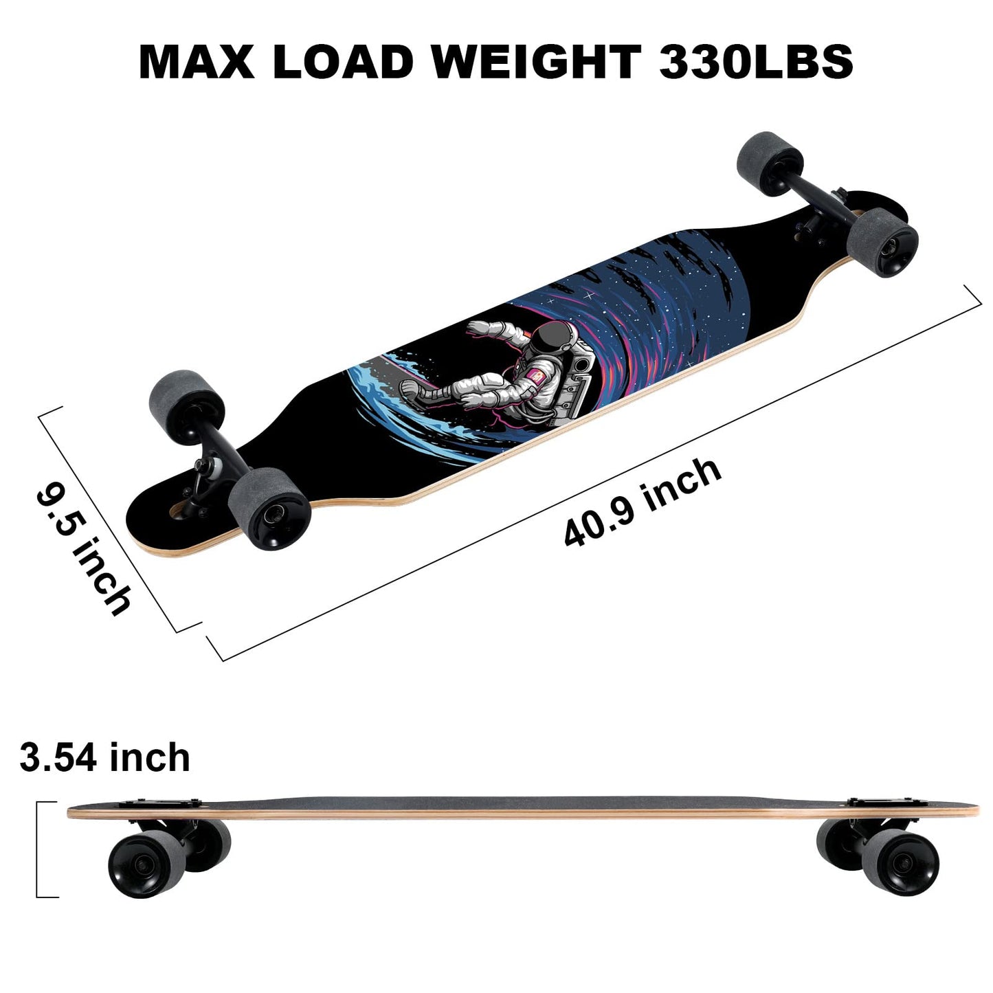 TLHB Longboard Skateboard, 41 Inch Drop Through Longboard Complete 9-Ply Nature Maple Premium Cruiser Long Board for Adults, Teens and Kids - High-Speed Bearings & T-Tool-Spaceman