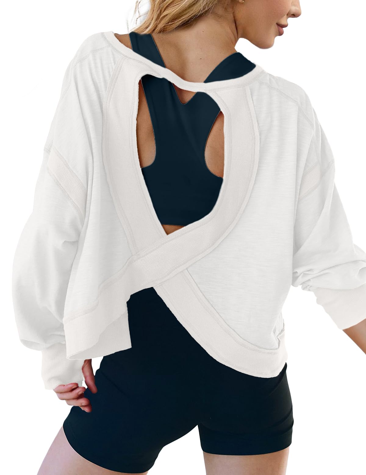 UNIANKIYA Open Back Workout Tops for Women Long Sleeve Cropped Athletic Clothes Gym Running Yoga Low Impact Sports T Shirts White