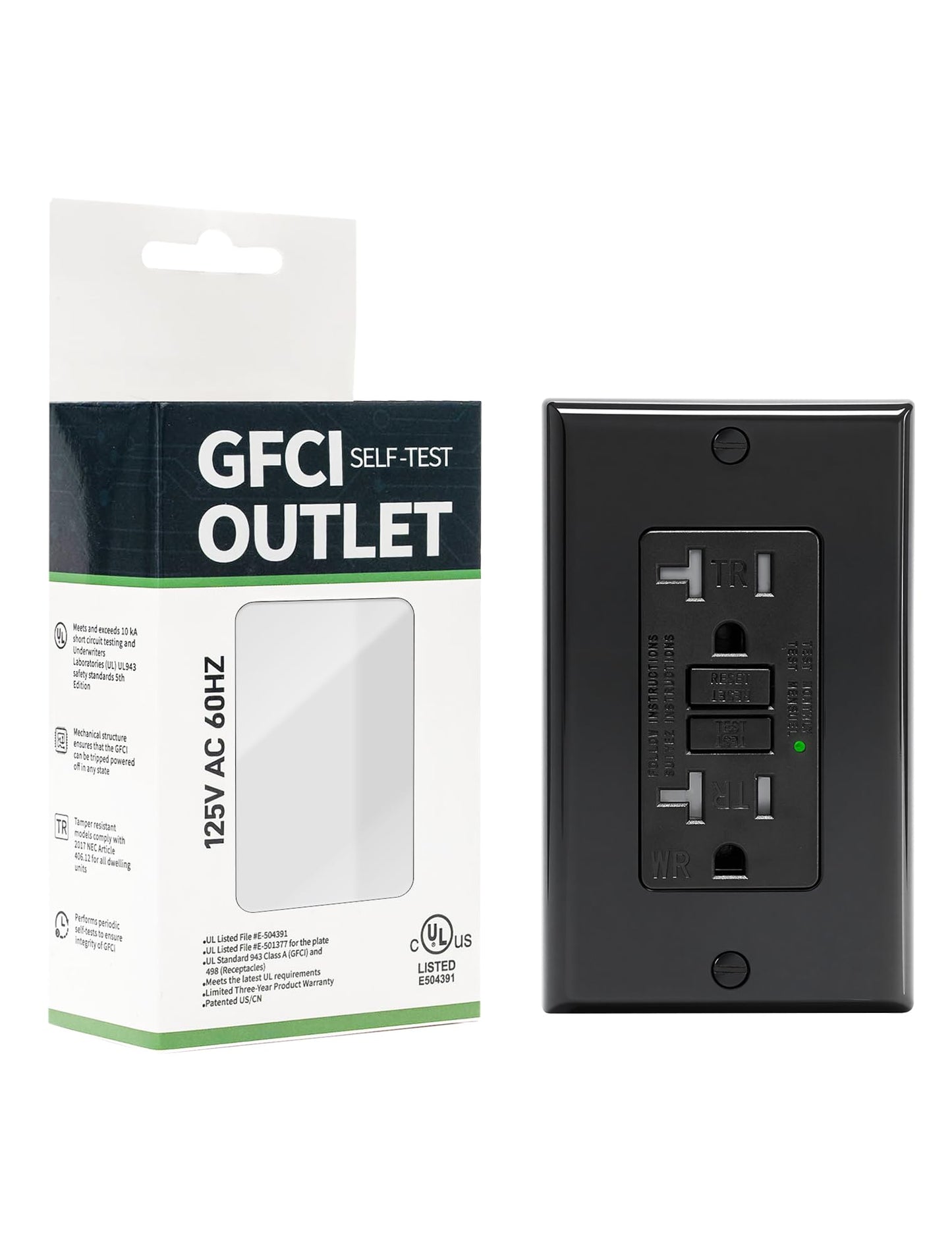 1-Pack 20 Amp GFI Electrical GFCI Outlet Self-Test Tamper Resistant (TR) Weather Resistant (WR) Ground Fault Receptacle with LED Indicator UL Listed Standard Wall Plate Included Black