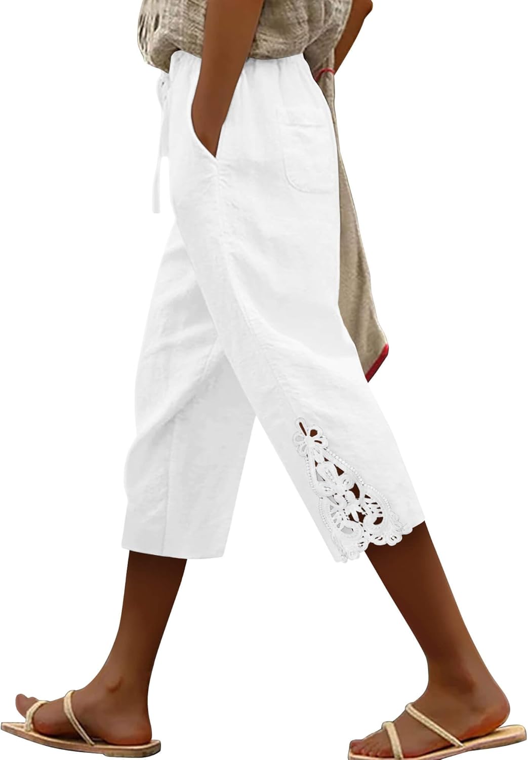 ONLYSHE Women's Capri Pants - Lightweight Cotton Linen Trousers with Pockets | Drawstring Elastic Waist, XS-3XL