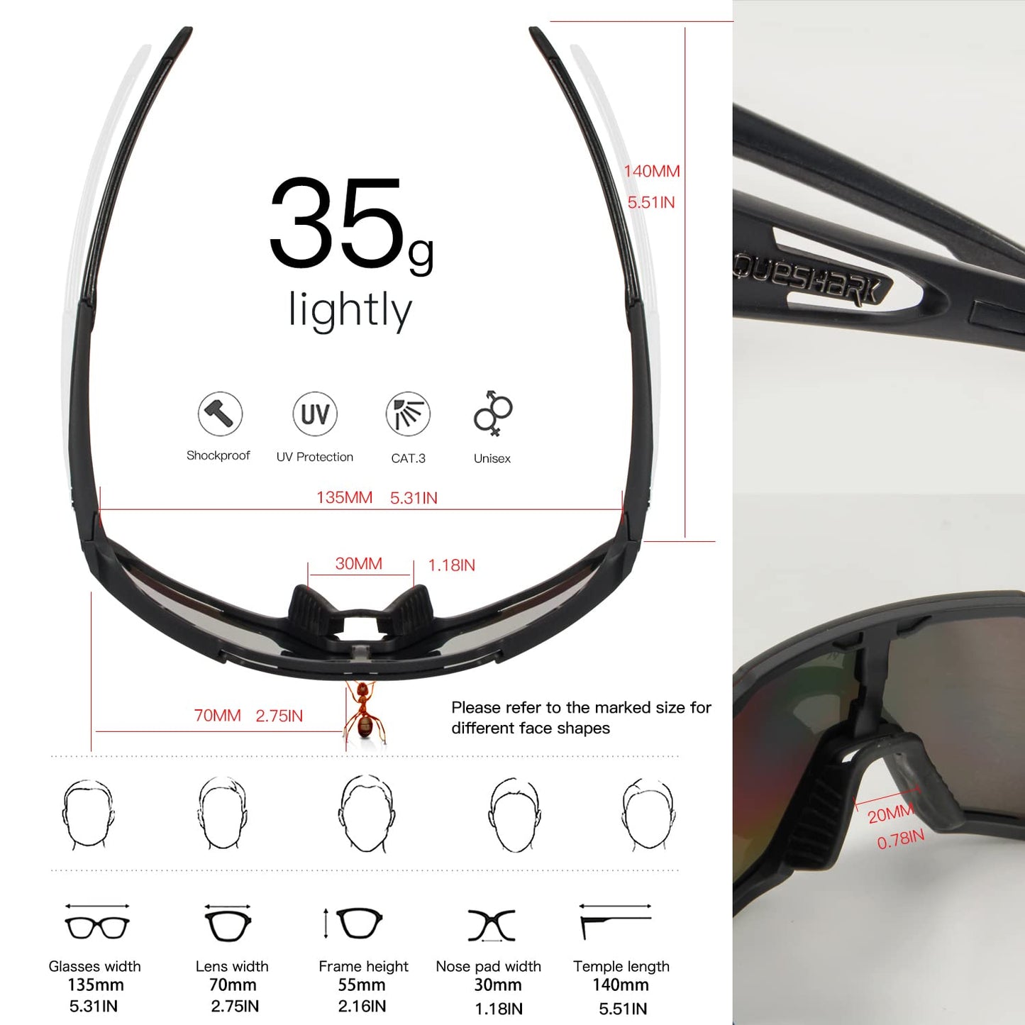 Queshark Cycling Glasses, Sports Sunglasses for Men Women, 1 Polarized 2 HD Lens, Polarized Sunglasses for Cycling Running