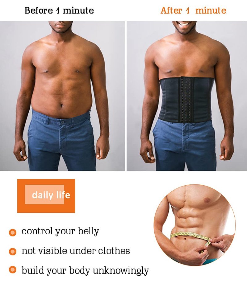 GainKee Latex Men Waist Trainer Corsets With Steel Bone Sweat Sauna Suit For Fitness (Large)