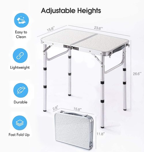 YUFIFAIRY Folding Table Small, 24''L x16''W Camp Aluminum Table with Adjustable Height Legs, Indoor Outdoor Lightweight Portable Folding Aluminum Dining Table for Picnic Camping 2-Feet（10"/19"/27）