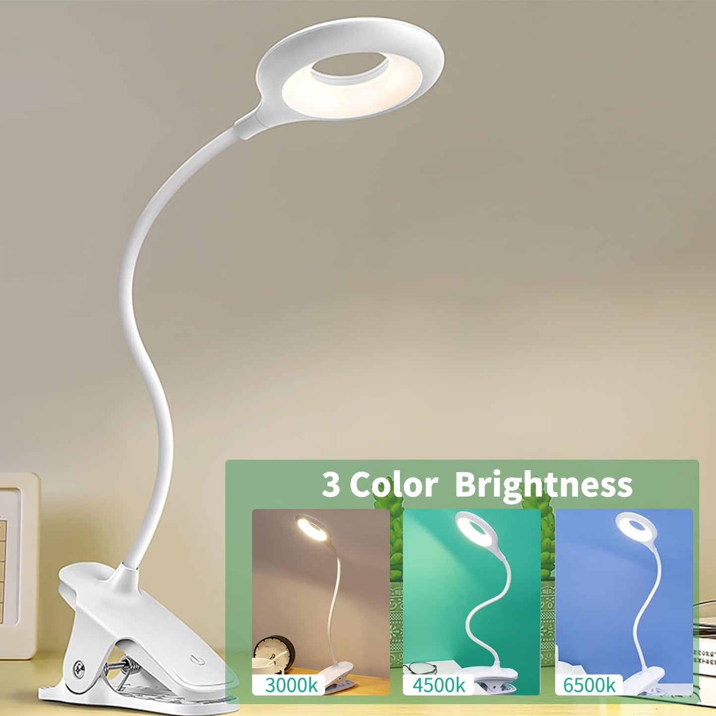 Desk Lamp Clip on Reading Light, Portable Rechargeable Desk Light Mini Clip Lamp, Dorm Room Essential Clip on Lights Wall-Mounted, Bedside Lamp with Clamp, Rechargeable Reading Lights for Dorm Makeup