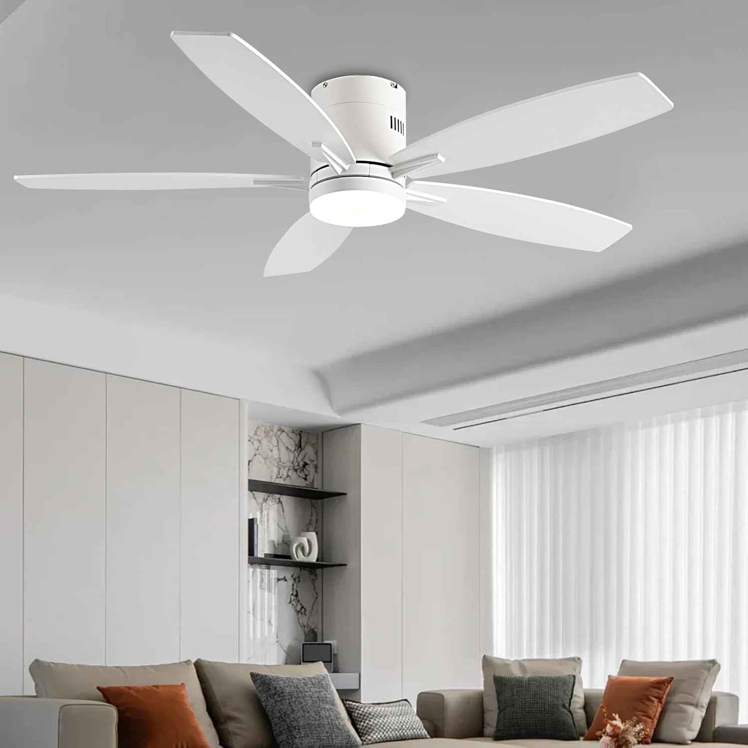 52" Low Profile Ceiling Fan with Lights & Remote Control - Dimmable, Noiseless, Reversible - White Indoor/Outdoor Fan for Bedroom