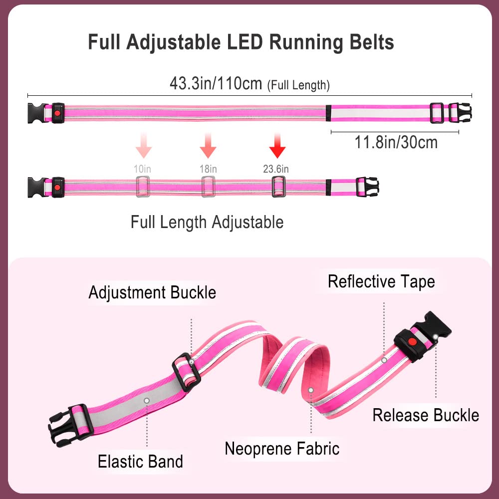 BSEEN LED Running Waist Belt - USB Rechargeable Reflective Glowing LED Waistband, Flashing Safety Light Belt for Runners, Joggers, Walkers, Pet Owners, Cyclists in Candy Pink