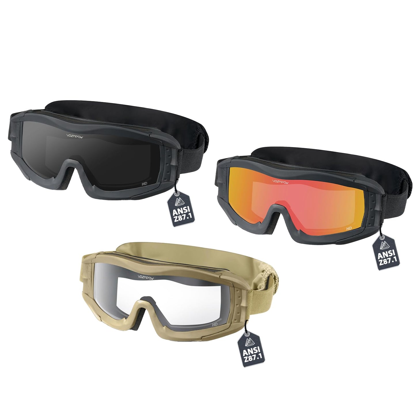 VOZAPOW Airsoft Goggles Anti Fog with ANSI Z87.1 Standards （3 Lenses, Gray, Red）