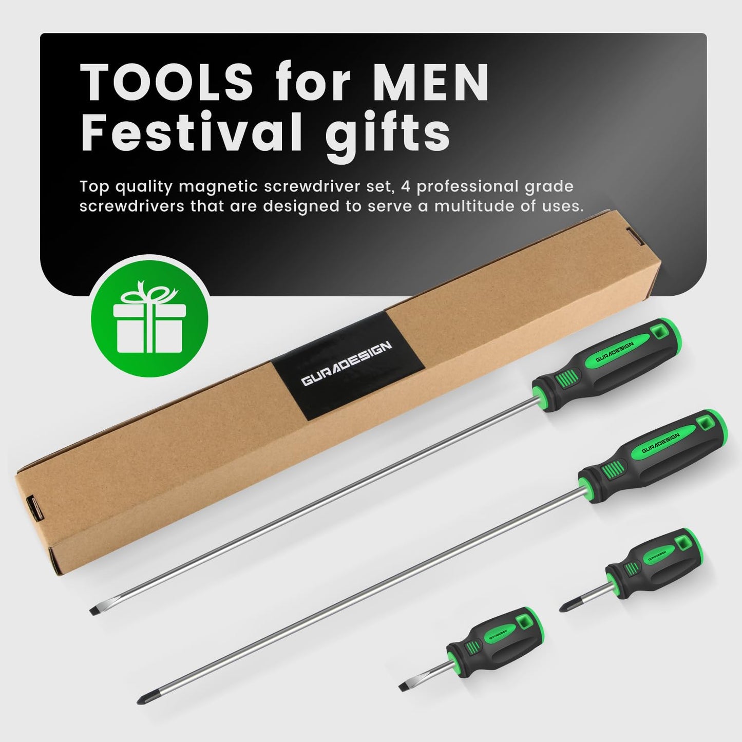 GURADESIGN 4-Piece 12" Long Screwdriver Set Slotted and Phillips, Long & Short Magnetic Screwdriver Set