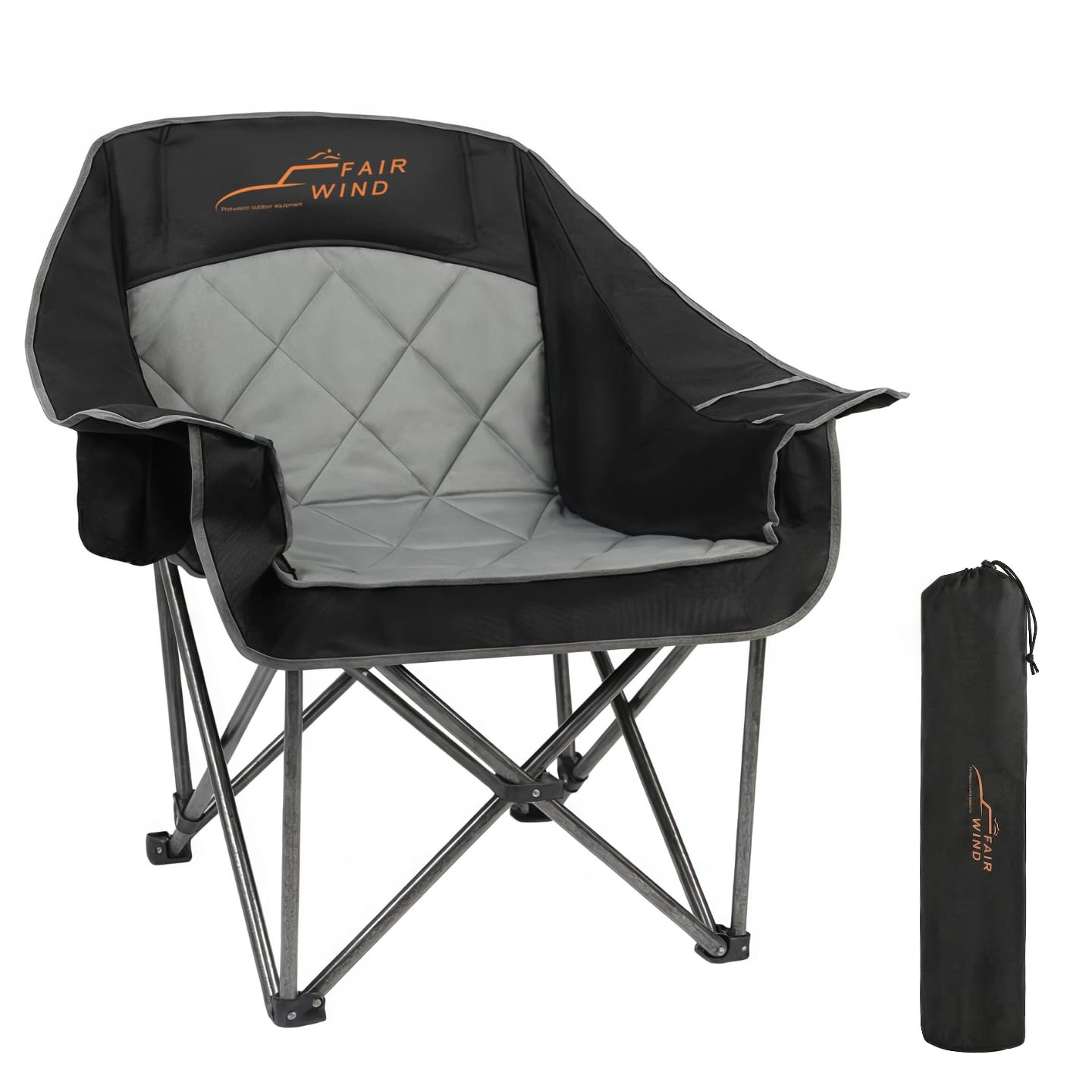 FAIR WIND Oversized Padded Camping Chair Heavy Duty Quad Fold Arm Chair Portable for Outdoor - Support 500LBS, Black