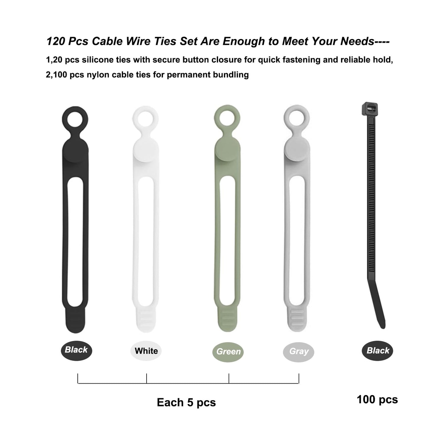 120 Pcs Cable Organizer Set, 20pcs Silicone Cable Ties Reusable & Nylon Cable Ties 100pcs, Multipurpose Elastic Cord Management Organizer for Charger, USB, Phone, Data Cables - Black White Green Grey