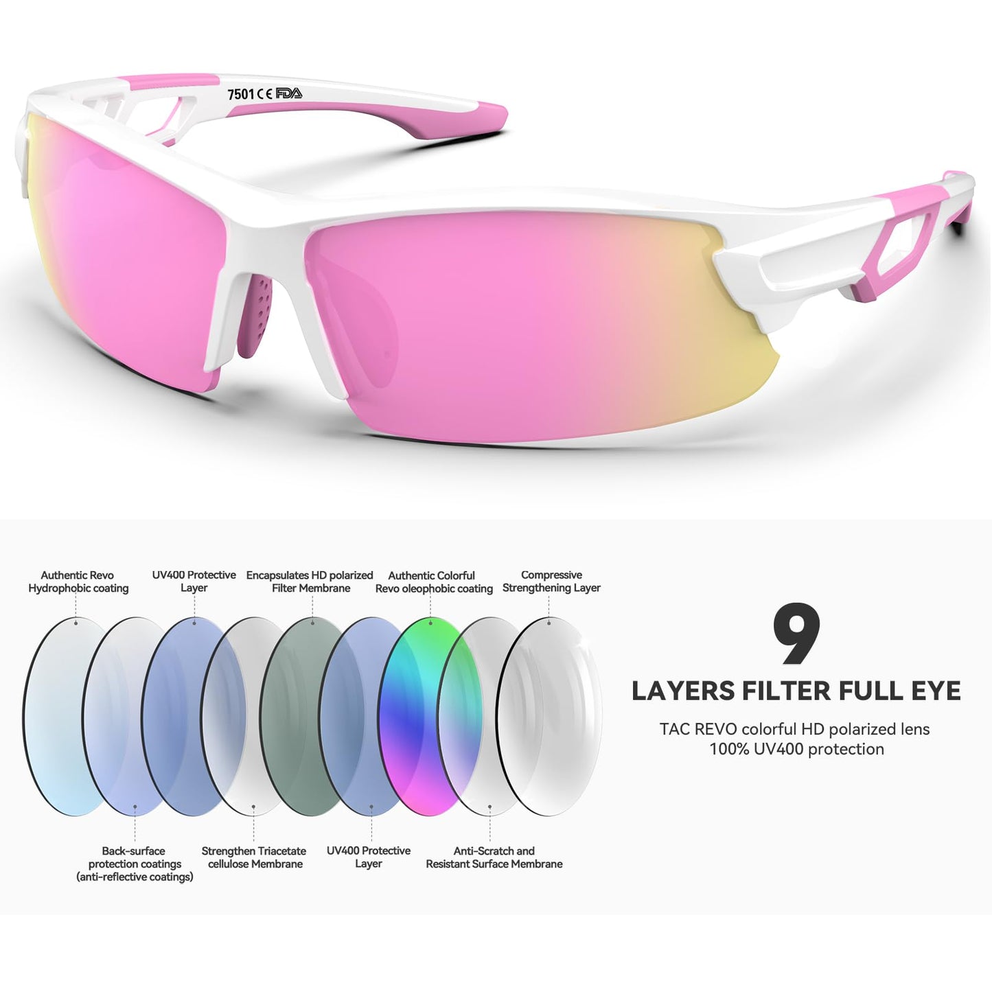 BEACOOL Polarized Sports Sunglasses for Men Women Running Baseball Cycling Driving Fishing Golf Motorcycle UV400 Sun Glasses (Half Frame, GlossyWhite Pink)