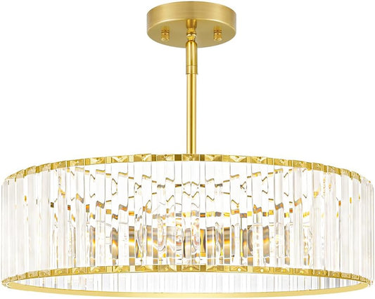 Modern Gold Crystal Ceiling Light Fixture - 11-Inch Semi Flush Mount Chandelier for Kitchen & Entryway