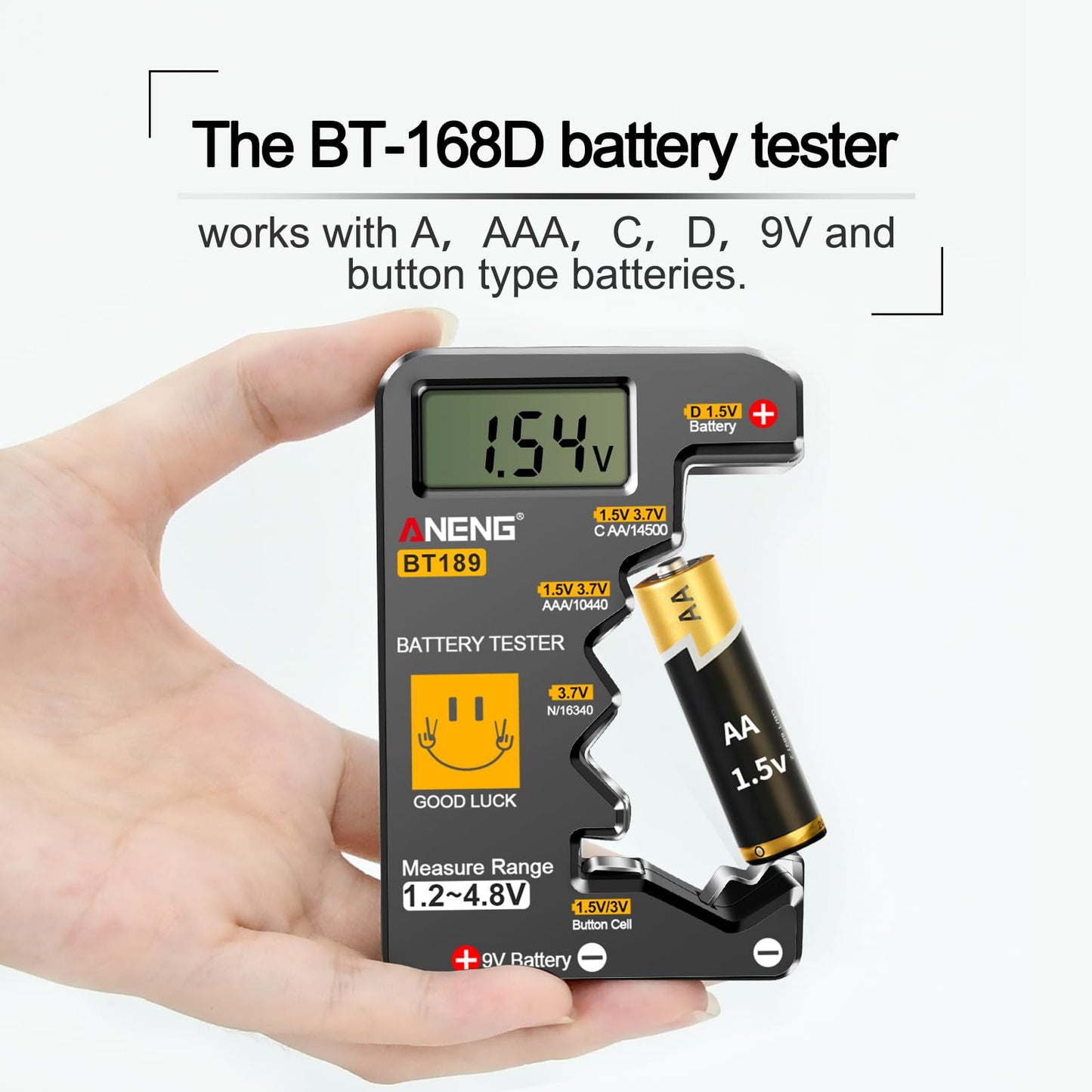 ANENG BT189 Battery Tester for AAA,AA,C,D,9V,F,6F22,1.5V/3V Button Batteries,LCD Display Household Battery Detector,Detects Battery Power by Voltage,Universal Battery Checker