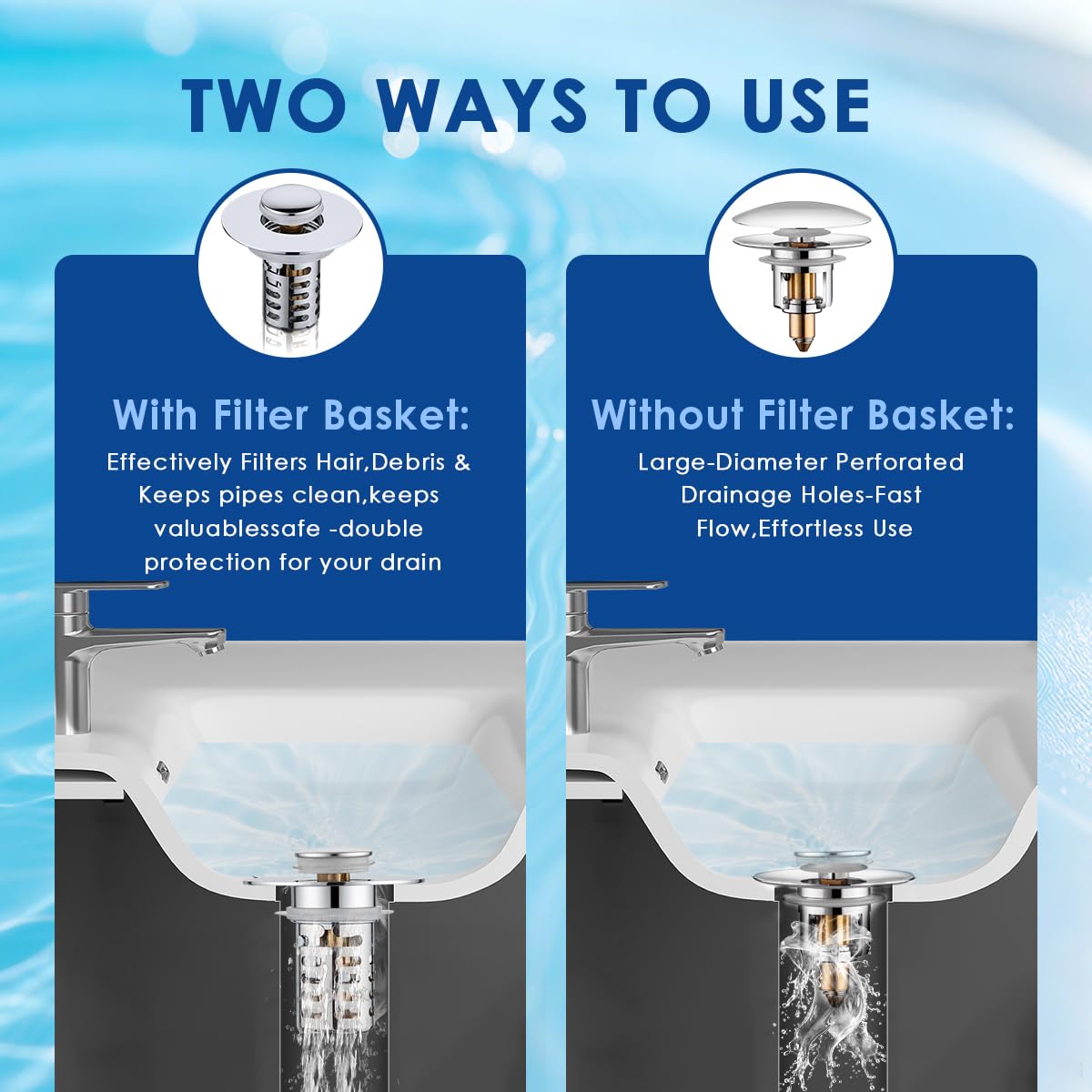 3 in1 Bathroom Sink Drain Strainer & Bathroom Sink Stopper,Pop Up Sink Stopper with Removable Stainless Steel Filter Basket Hair Catcher,Universal Sink Plug Fits 1.1"-2.36" Drain Holes