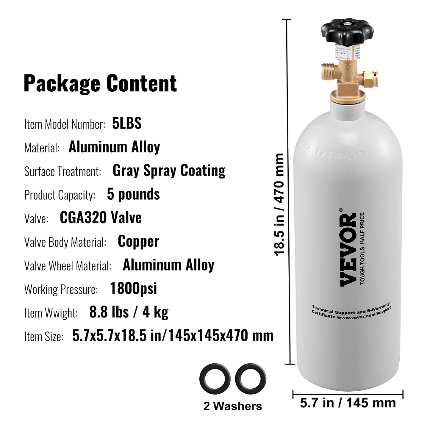VEVOR CO2 Tank, 5 lbs New Aluminum Alloy Cylinder, CO2 Air Tank with Light Gray Spray Coating, CGA320 Valve & Adjustable Pressure, DOT Approved Cylinder for Draft Beer Dispensing and Soda Maker