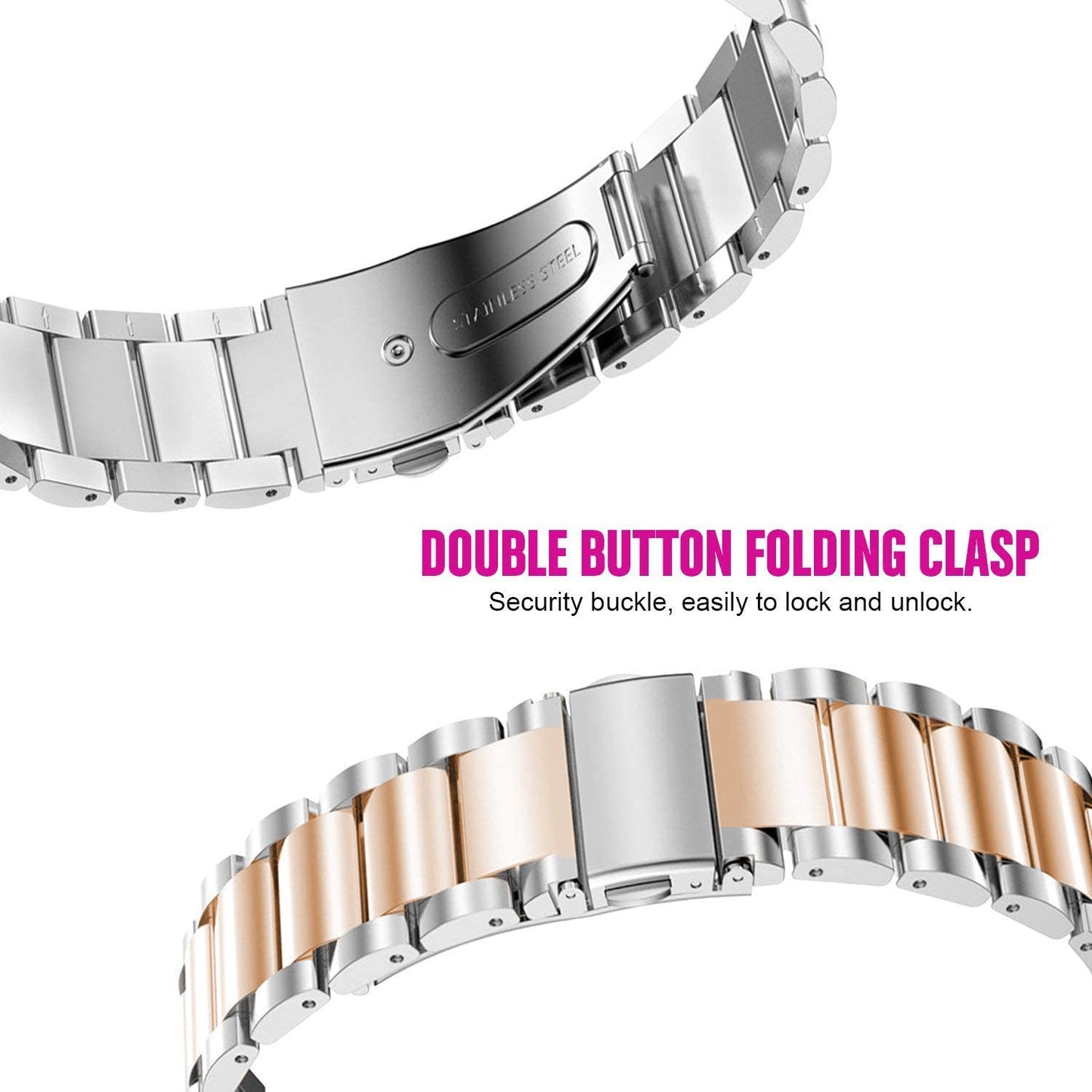 Compatible for Aeac Smart Watch Bands, 20mm, 22mm Quick Release Stainless Steel Metal Replacement Straps Compatible for Aeac 1.32 Inches Round, W208 Plus, IDW19, GTX05, GTX12 (Silver-Rose Gold, 22mm size band)