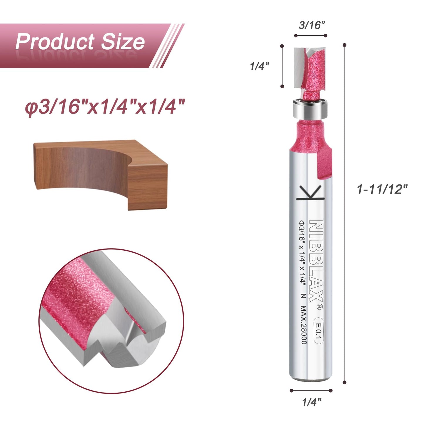NIBBLAX Top Bearing Flush Trim Bit - 2-Flute Router Cutter 1/4 Inch Shank, 3/16" Cut Diameter & 1/4" Cut Length, Flush Trim Cut Router Bit for Woodworking