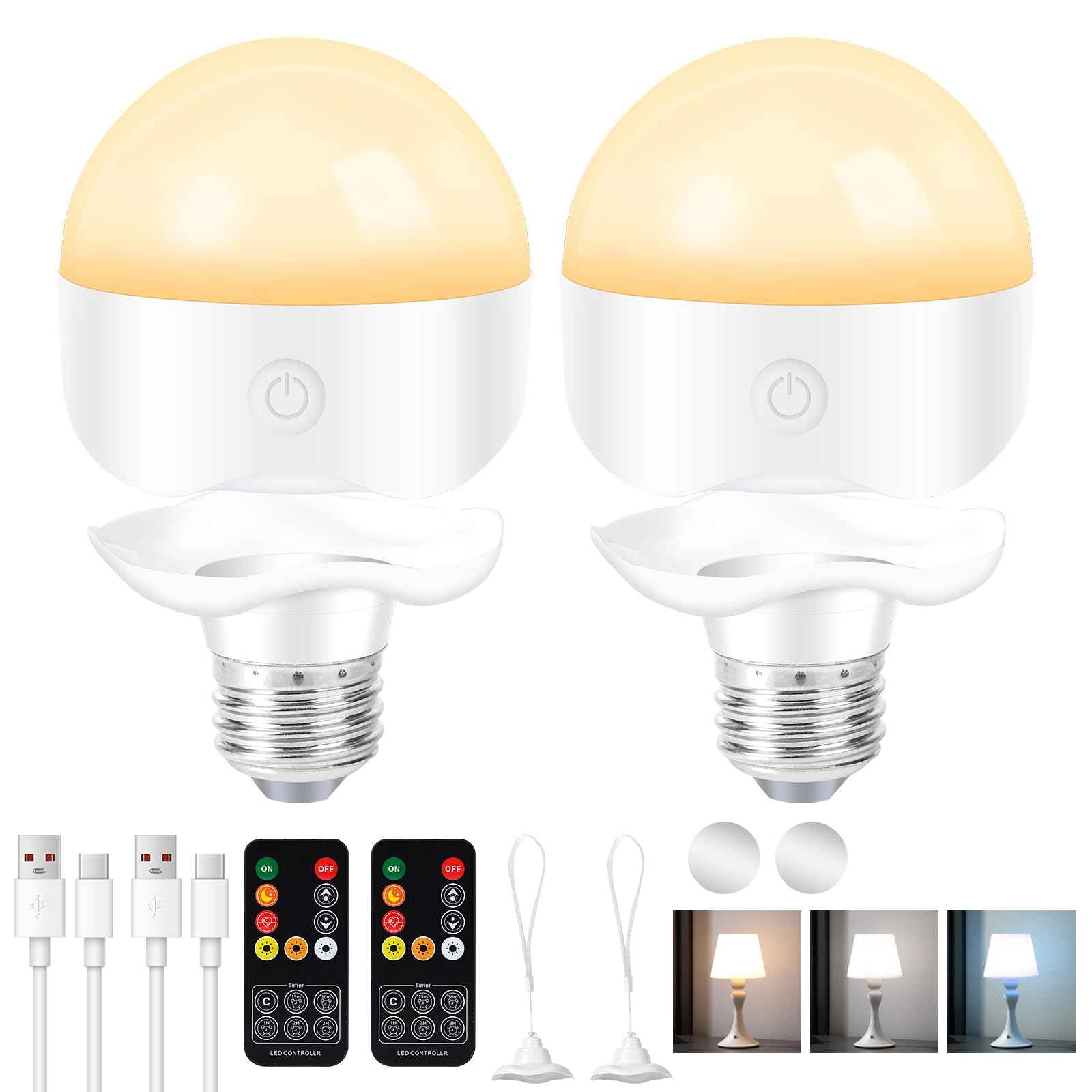 LUSKLLI Rechargeable Light Bulb,LED Portable Bulb with Remote Control, Timer, Battery and 3 Color Temperatures Backup Emergency Bulb for Sconces and Bedside Lamps Non-Hardwired Fixture(2 Packs)