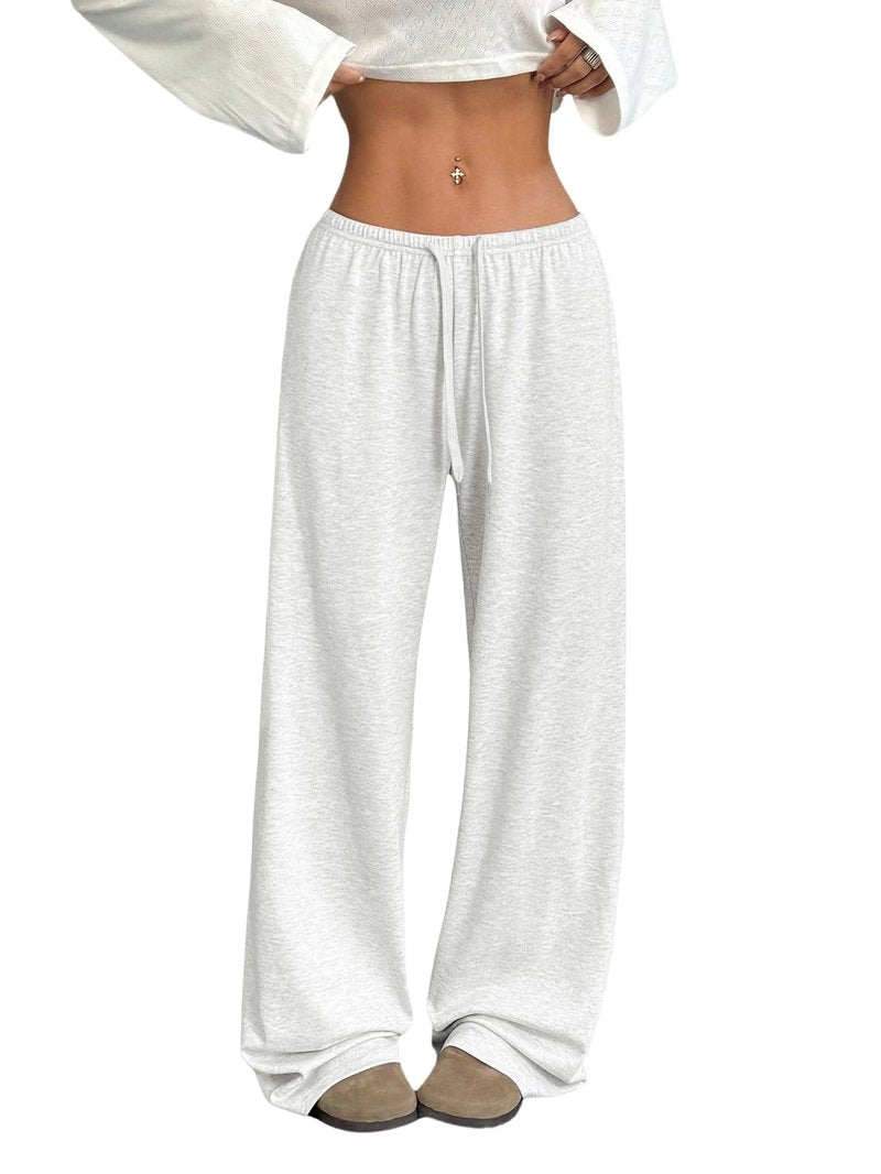 RoseSeek Women's Drawstring Waist Straight Streetwear Long Wide Leg Pants Casual Loose Baggy Workout Long Fall Sweatpants Plain Grey Small