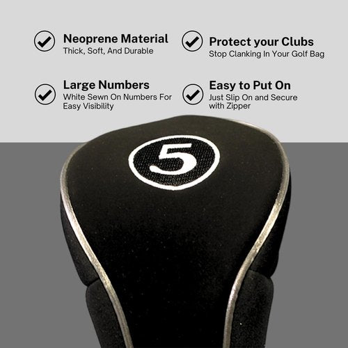 Black Golf Zipper Head Cover #5 Fairway Wood Metal Headcover Neoprene Traditional Plain Protective Cover Fits All Fairway Golf Clubs for Golfing Buddies