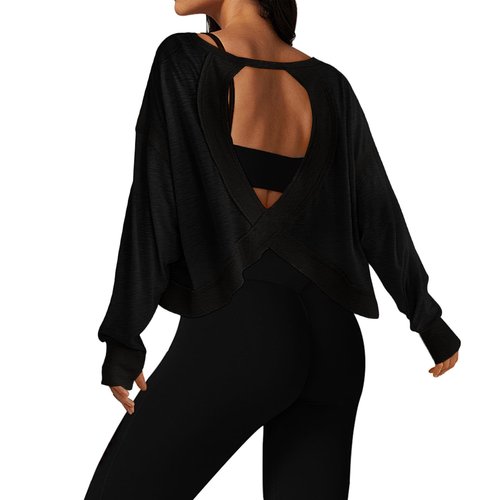 UNIANKIYA Open Back Workout Tops for Women Long Sleeve Cropped Athletic Clothes Gym Running Yoga Low Impact Sports T Shirts Black