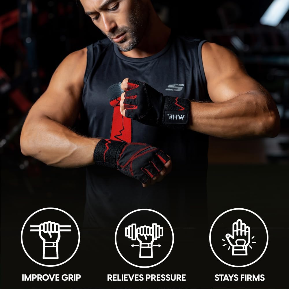 MhIL Workout Gloves for Men - Enhanced Grip Gym Gloves with Wrist Wraps for Ultimate Performance