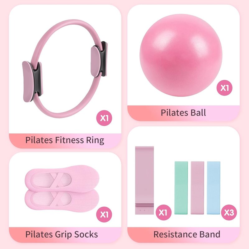 AAMMZZ Pilates Essential Kit - Home Pilates Equipment Set - with Toning Pilates Ring & Long Resistance Bands & 3 Level Pilates Loop Bands & Soft Pilates Ball & Pilates Grip Socks (Blue)