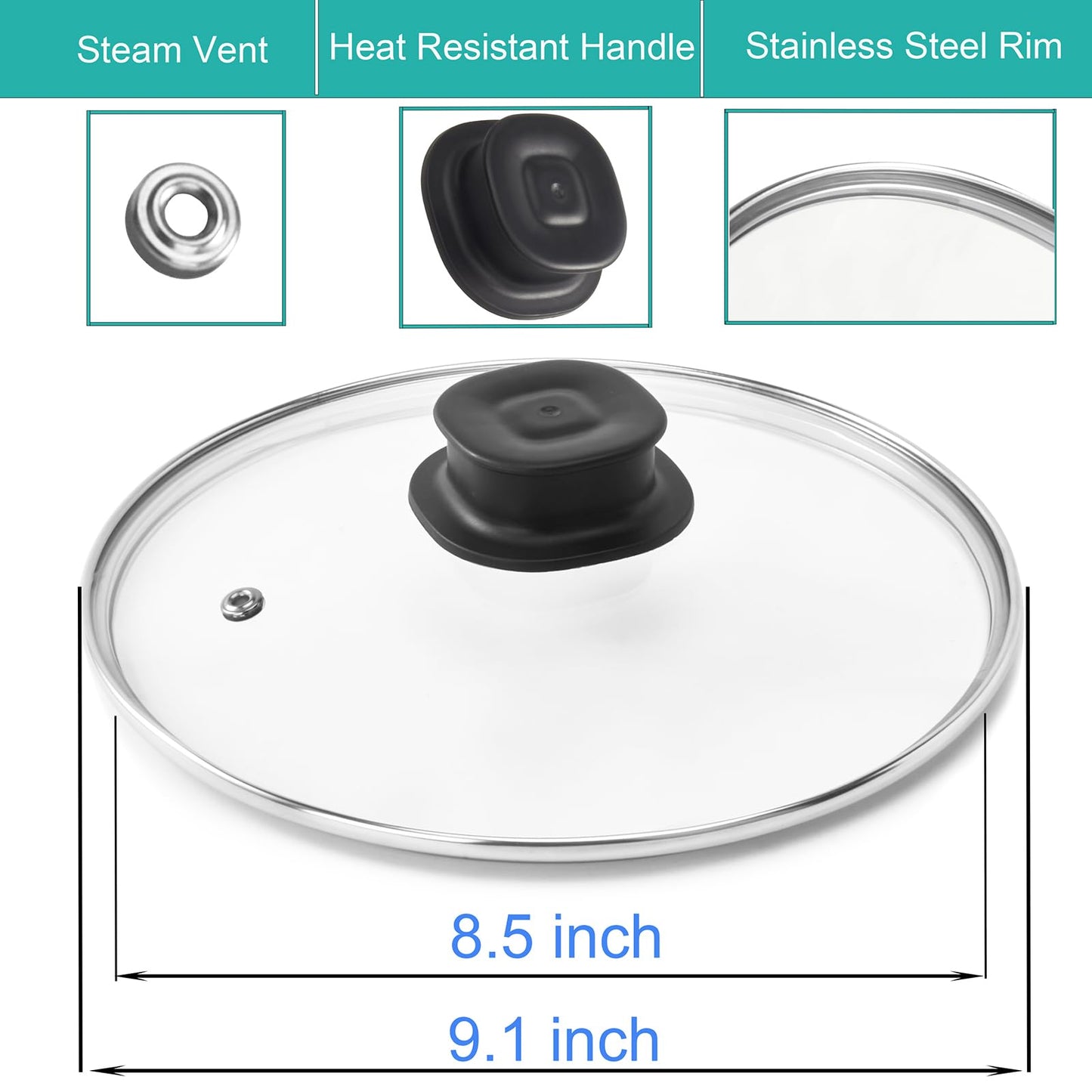 9.1-In Glass Lid Replacement for Instant Pot Lid 6 Quart, Tempered Glass Cover for Instantpot, Lid for Instant Pot 6 Quart, Accessories 6 QT for Insta pot, Heat Resistant Handle & Stainless Steel Rim