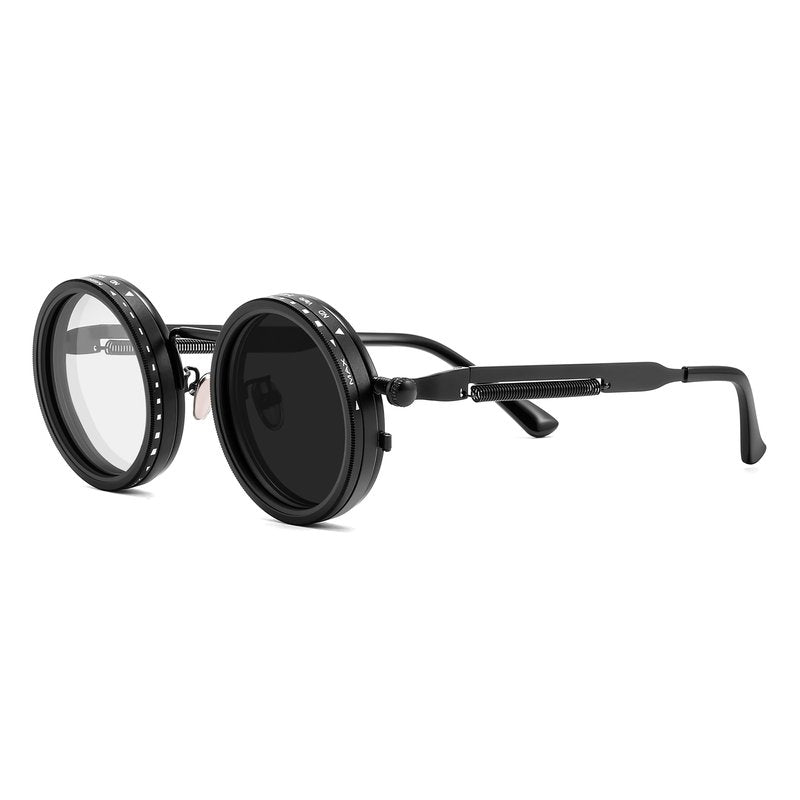 FEISEDY Adjustable Tint Sunglasses Polarized Men, 1-9 Gear Manual Dimming, Steampunk Round Metal Frame UV400 ND Filter B1400