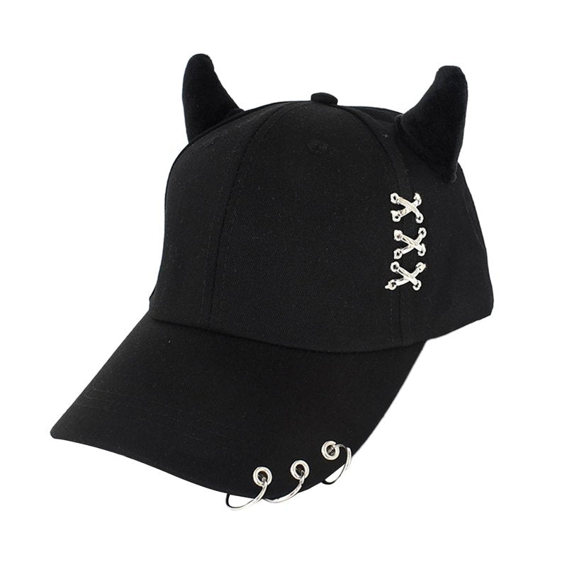 Trendy Adjustable Trucker Hat with Devil Horns, Metal Ring Casual Baseball Cap Women Men, Breathable Cotton K-pop Cap (Black, ONE Size)