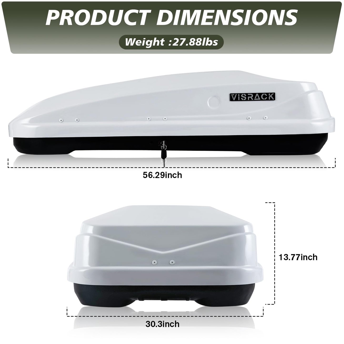 Hard Shell Roof Cargo Carrier, 13 Cubic Feet Storage, Durable ABS and PMMA Material, White Roof Box with Security Keys, Tool-Free Installation, Double-Sided Opening, 56" L x 30" W x 13.7" H