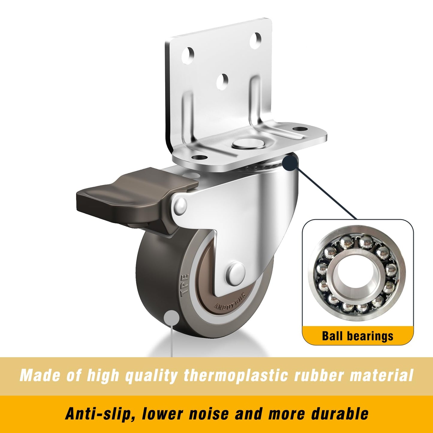 ANDUTEES Side Mount Casters, 1.5 Inch Furniture Wheels, L-Shaped Rubber Casters Set of 4, 360-Degree Locking Swivel Top Plate Small Castor Wheels for Furniture, Baby Bed, Kitchen, Cabinet, Table.