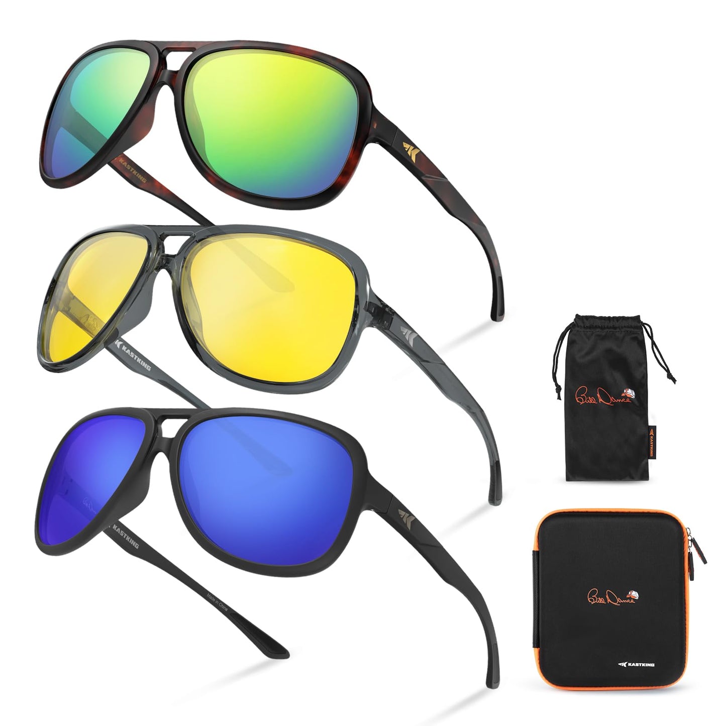 KastKing Bill Dance Mulberry Creek 3 Shades of Fishing Sunglasses Kit, Polarized, UV400 Protection, Oleophobic Coating, Tailored to Bright Sun, Partly Cloudy, and Low Light Conditions