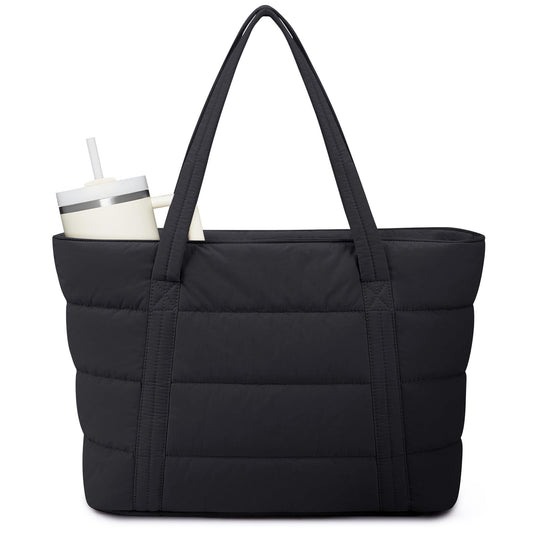 Narwey Work Tote Bags for Women with Cup Holder & Laptop Compartments, Lightweight Quilted Puffer Tote Bags for Travel Gym Nurse Teacher (Black)