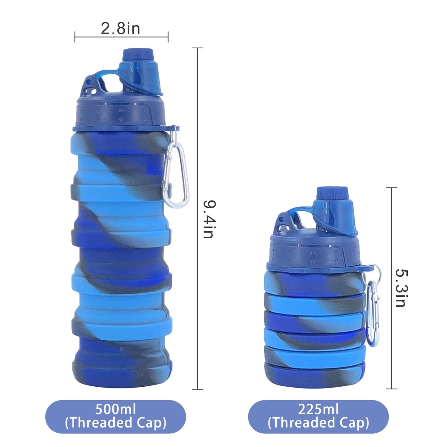 YCTMALL Collapsible Water Bottles Two Pack Travel Sports Portable Sport Water Bottle comes with mountaineering Buckle 500ml silicone Water-proof camping water bottle (Blue camouflage+Pink camouflage)