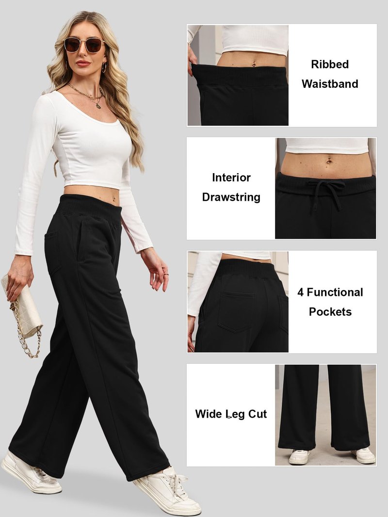 Sweetmoon Wide Leg Sweatpants Women Lightweight, High Waisted Sweat Pants Baggy Lounge Pants Women Joggers with Pockets Black M