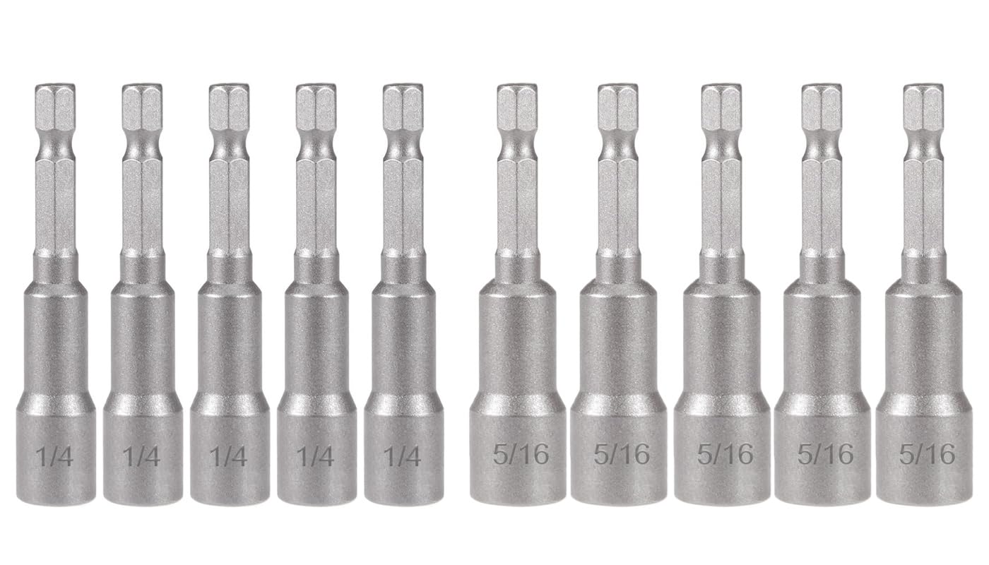 Saipe 10pcs SAE 1/4” and 5/16” Magnetic Nut Driver Bit Set, 1/4 inch Driver Power Nut Setter Drill Bits for Impact Drill, Socket Adapter Hex Nut Driver Set, 65mm Length
