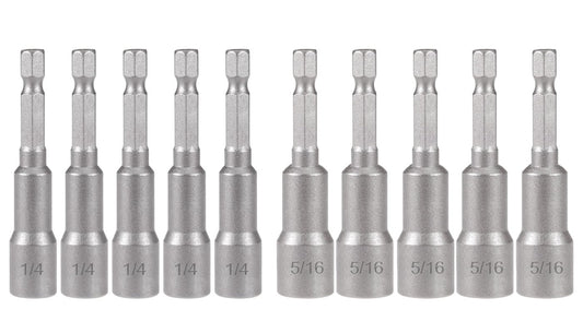 Saipe 10pcs SAE 1/4” and 5/16” Magnetic Nut Driver Bit Set, 1/4 inch Driver Power Nut Setter Drill Bits for Impact Drill, Socket Adapter Hex Nut Driver Set, 65mm Length