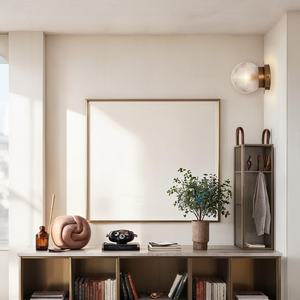 Antique Brass Globe Glass Prismatic Wall Sconce, Elegant Textured 6 Inch Dia Wall Mount Light, Decorative Wall Fixture for Entryway, Hallway, Bedroom, Living Room