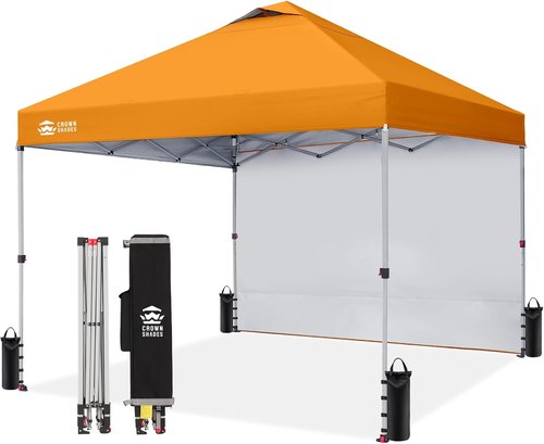 CROWN SHADES 10x10 Pop Up Canopy - Easy Setup Beach Tent with Side Wall | Outdoor Sun Shade (Orange)