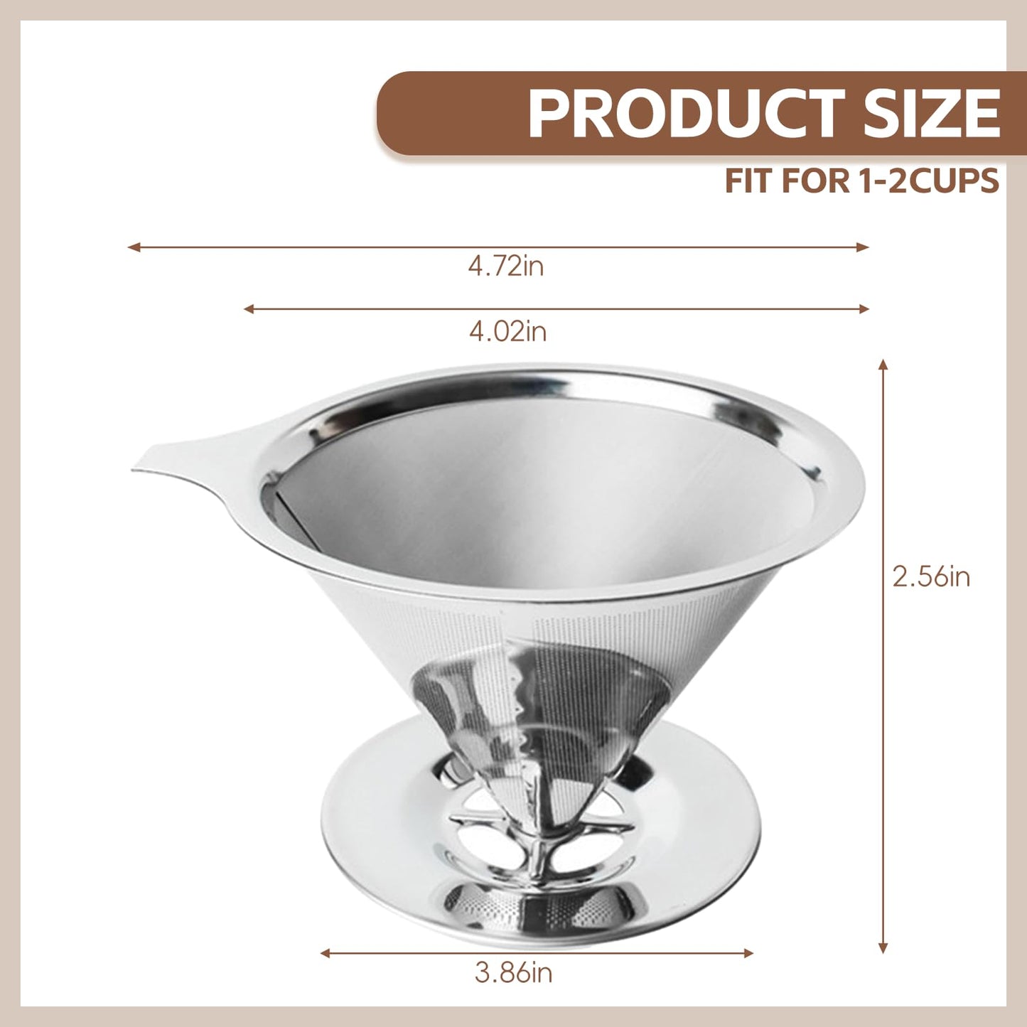 Pour Over Coffee Dripper Stainless Steel Coffee Filter Metal Cone Filter Extra Fine Wire Mesh Reusable Coffee Filter Coffee Maker (Silver, 1-2 Cups)
