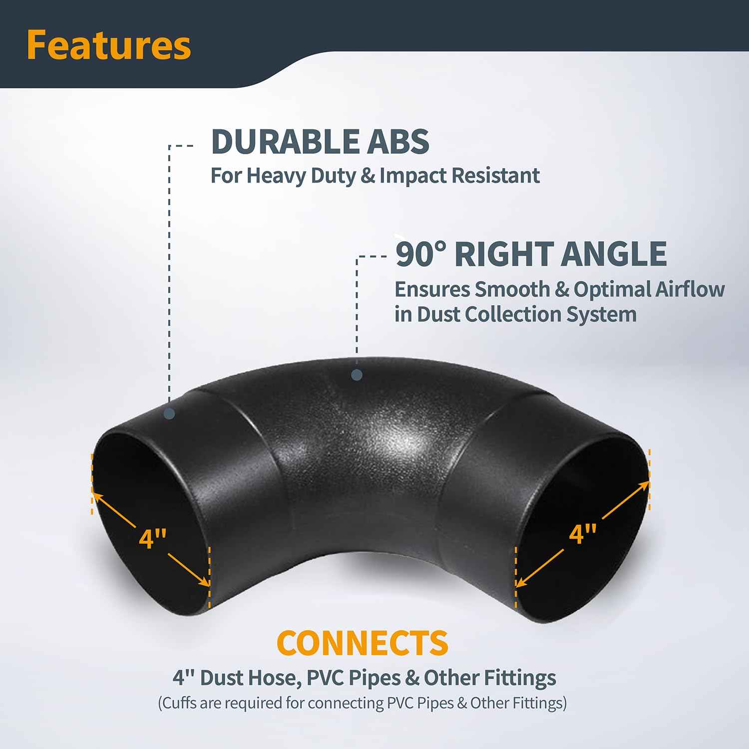 POWERTEC 70105-P2 4 In. 90 Degree Elbow - ABS Plastic Right Angle Dust Collector Connector