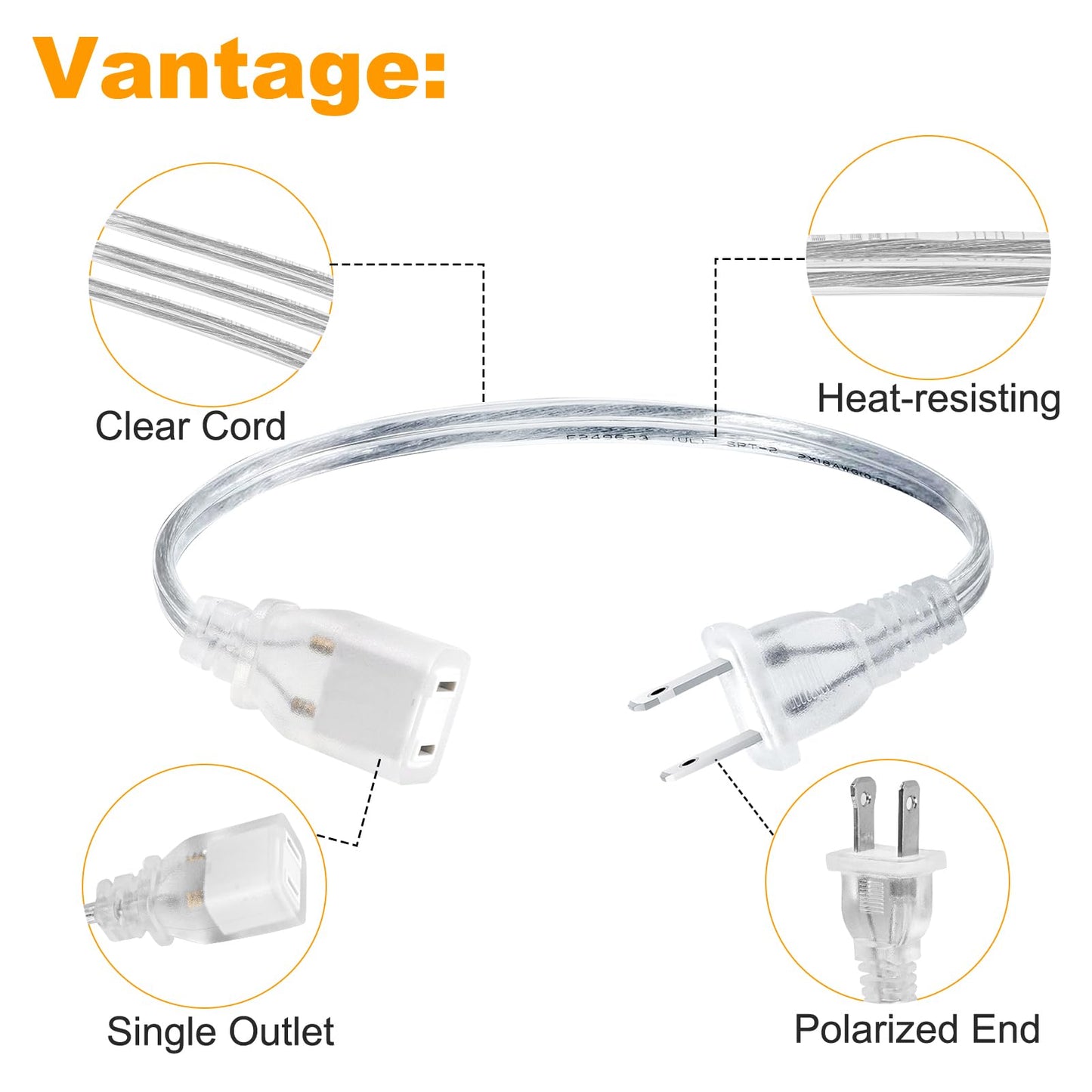 Rkoyes 2 Pack 1 Foot Short Clear Extension Cord Indoor Thin, Single Outlet Plug, Polarized Male-Female, Small Invisible Two Prong Extension Cord 1 FT with UL-Certified, 2 x 18AWG, 250V 7.5A