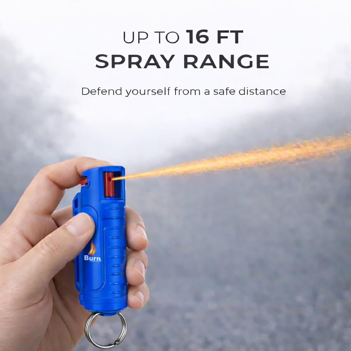 Burn Pepper Spray Keychain for Self Defense, 1/2oz Compact OC Spray for Women & Men, Police Grade with UV Dye, 16 Ft Range, Twist Top Safety Lock, Belt Clip, Pocket Personal Safety, Blue