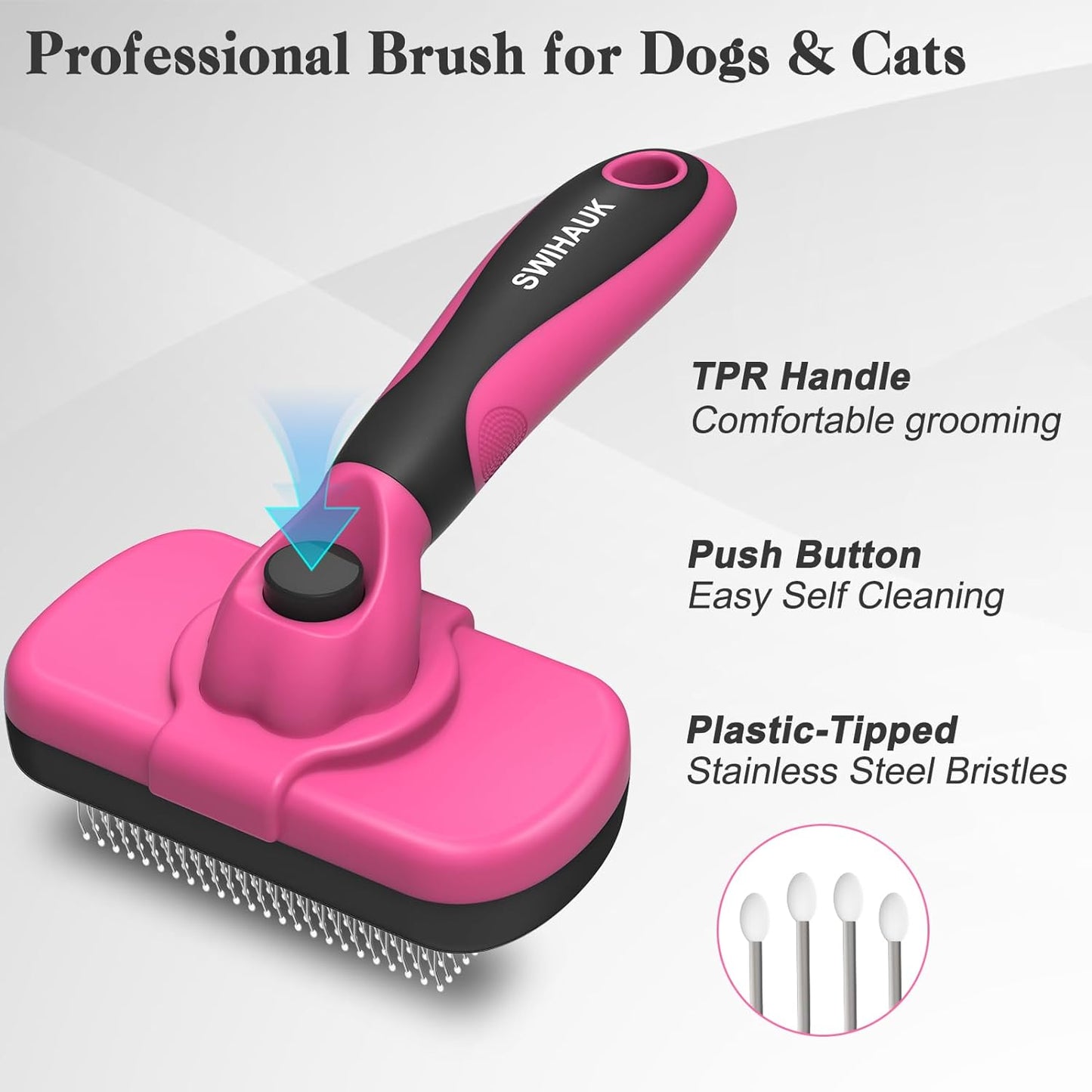 Swihauk Self-Cleaning Slicker Brush for Dogs & Cats - Gentle Grooming & Deshedding Tool, Pink
